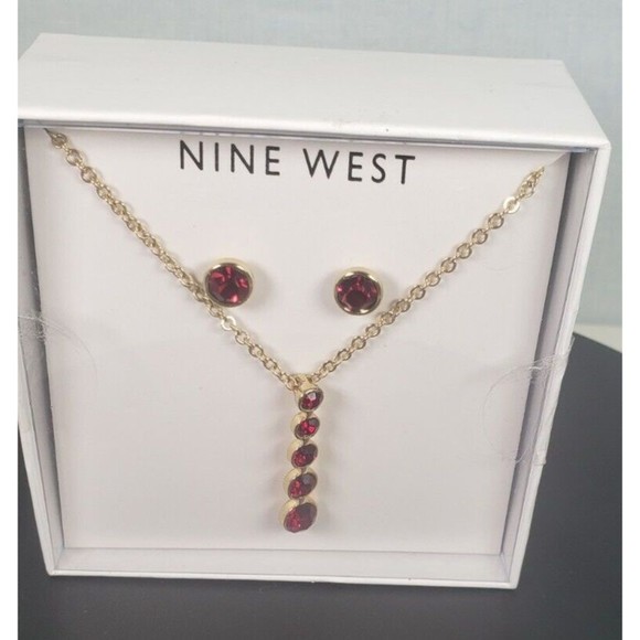 Nine West Jewelry Dark Red/Garnet Rhinestone Necklace and Earrings Set - Picture 4 of 7